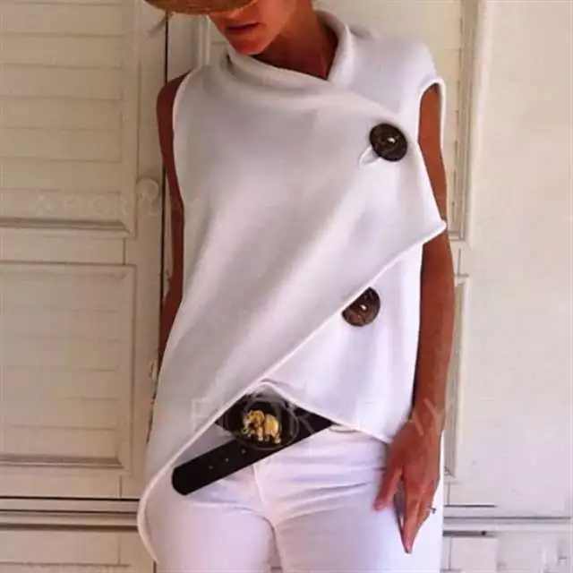 

2020 Autumn New Women's Top Fashion Design Sense Big Button Asymmetrical Sleeveless T-shirt Woman