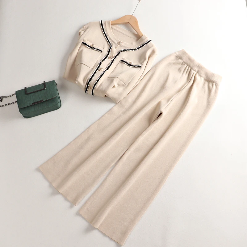 

Autumn Spring Two Piece Set Women Wide Leg Pants Suits Vintage Single Breasted Women Cardigan Sweater Women Tracksuits
