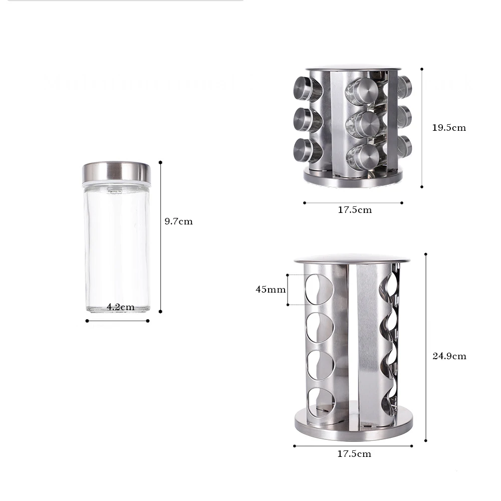 

12/16pcs Condiment Set Rotatable Base Stainless Steel Glass Spice Jar Salt Shaker And Pepper Shaker Kitchen Storage Organizer