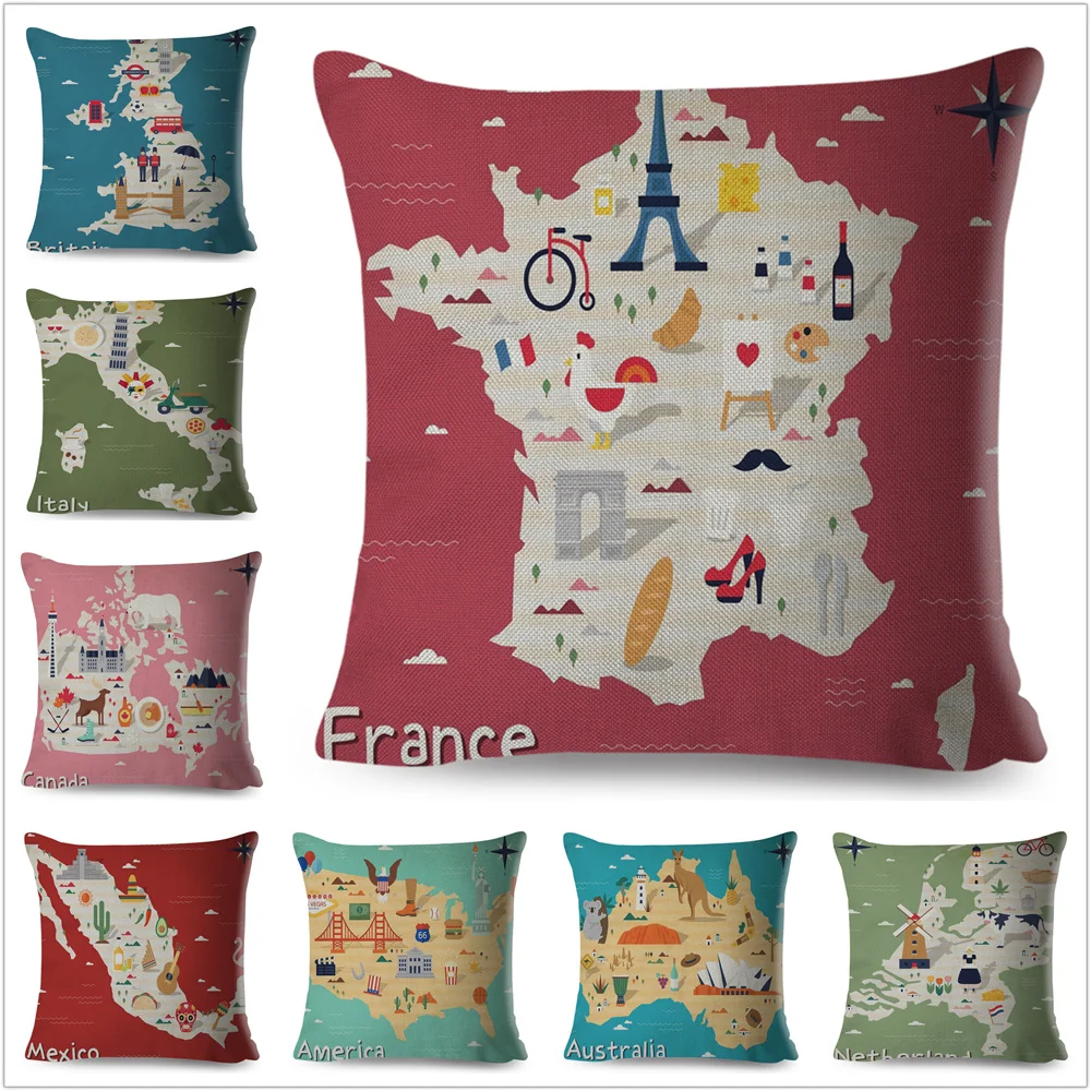 

USA Italy France National Cushion Cover Decor Geometric Cartoon Map Polyester Pillowcase Pillow Case for Sofa Car Home 45x45cm