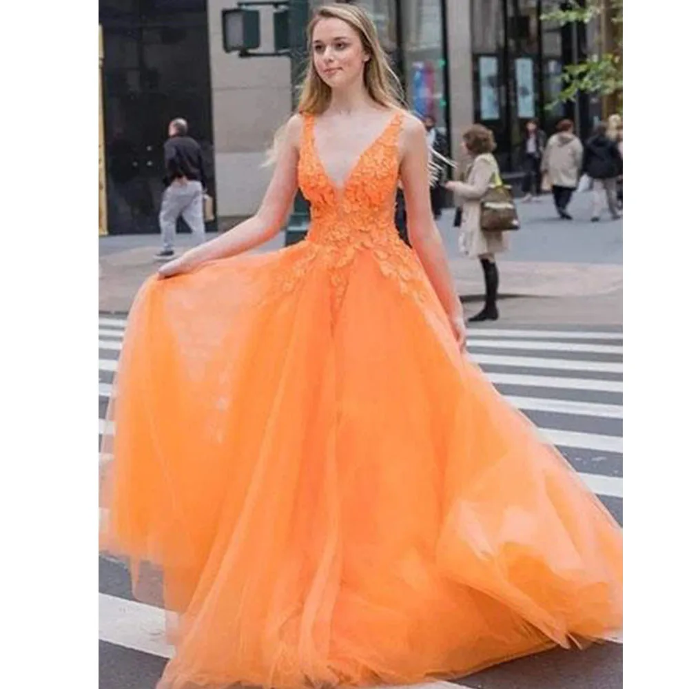 

A-Line Tulle Dresses Evening Long 2021 Appliques Orange Sexy Deep V-Neck Elegant Sparky Prom Dress robe de soire de mariage