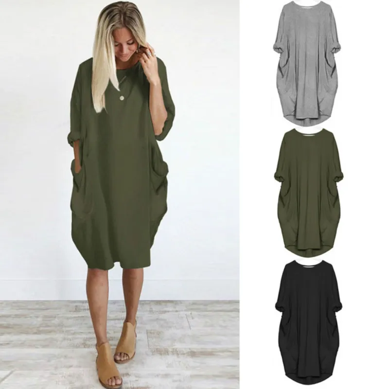 S-XL весеннее женское модное свободное платье с карманами однотонное повседневное
