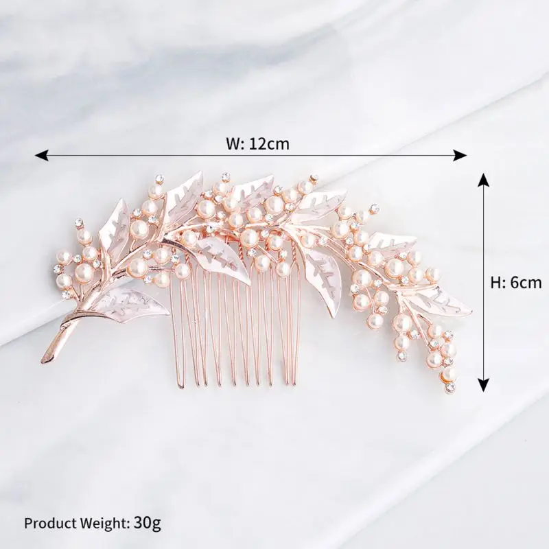 Metallic Hollow Out Leaves Wedding Hair Comb Imitation Pearl Rhinestone Bridal Prom Party Ponytail Veil Holder Hairpin Accessory