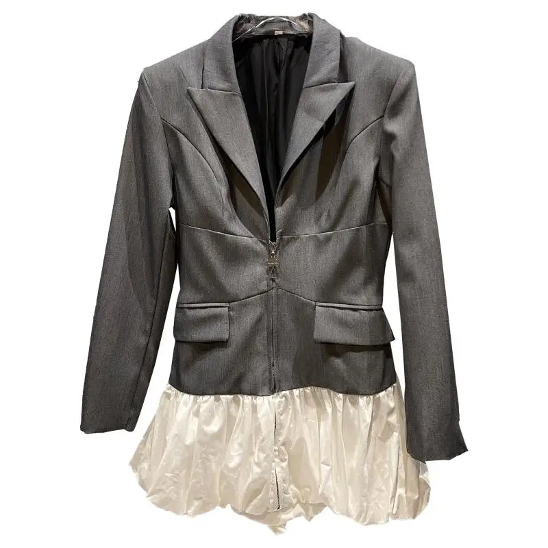 

European Autumn New Small Fragrance Stitching Pleated Hem Zipper Waist Design Suit Women Coats Fashion Streetwear 2021