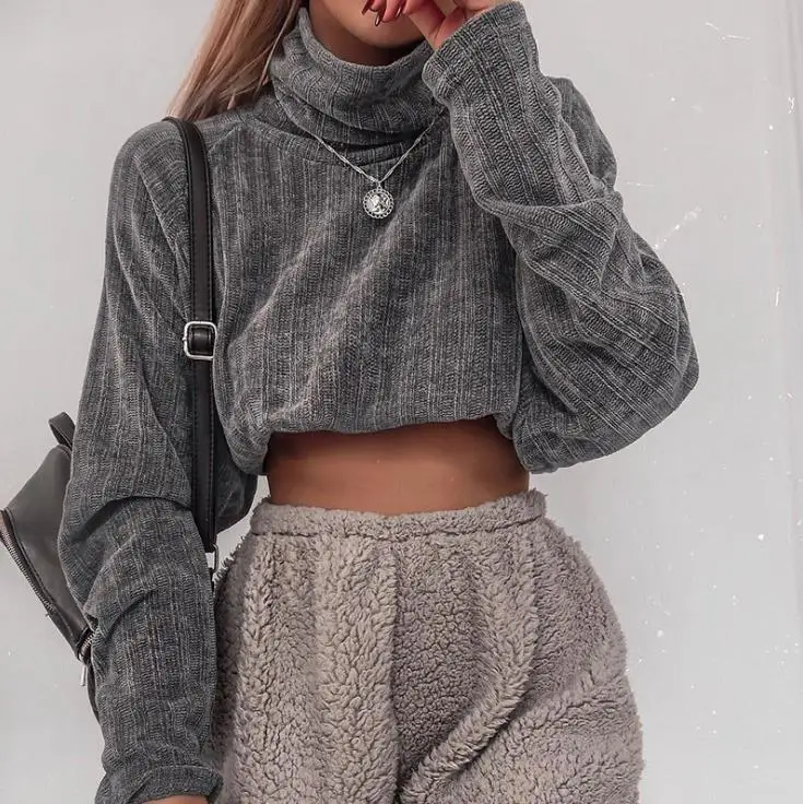 Женский вязаный свитер с длинным рукавом повседневный серый укороченный топ