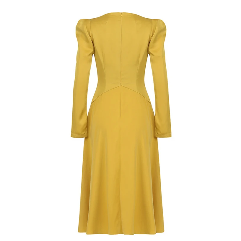 

New fashion 2019 Autumn Office Lady Dress Female Vintage Elegant yellow OL Work Wear V-Neck Long Sleeve High waist Midi Dress