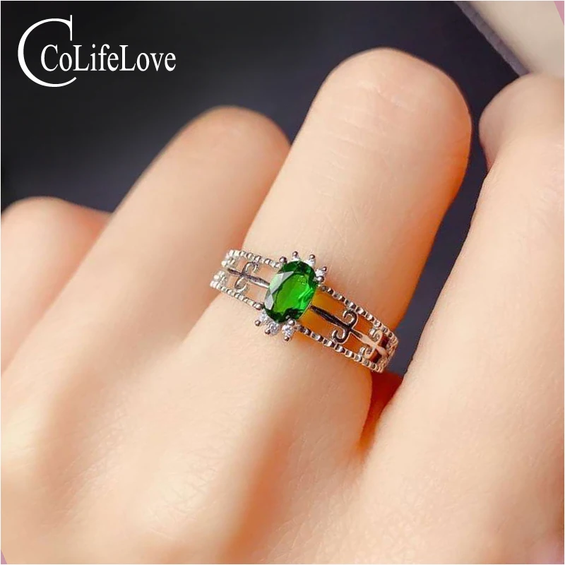 

CoLife Jewelry Natural Chrome Diopside Ring for Daily Wear 4mm*6mm VVS Diopside Silver Ring 925 Silver Gemstone Ring