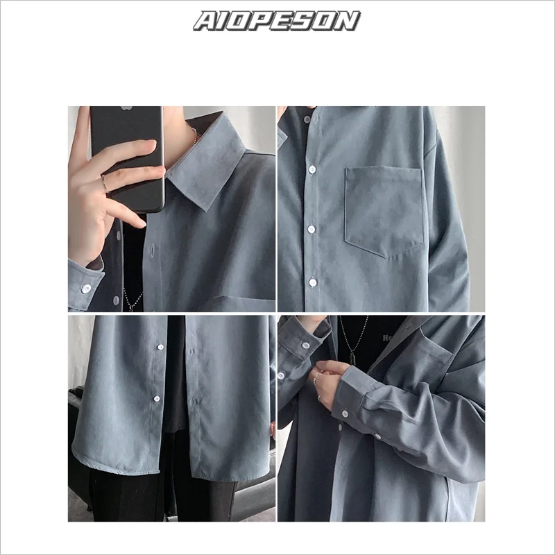 

AIOPESON 2021 New Spring Solid Color Loose Shirts Men Harajuku Korean Streetwear Men's Shirt Long Sleeve Pocket Male Shirt