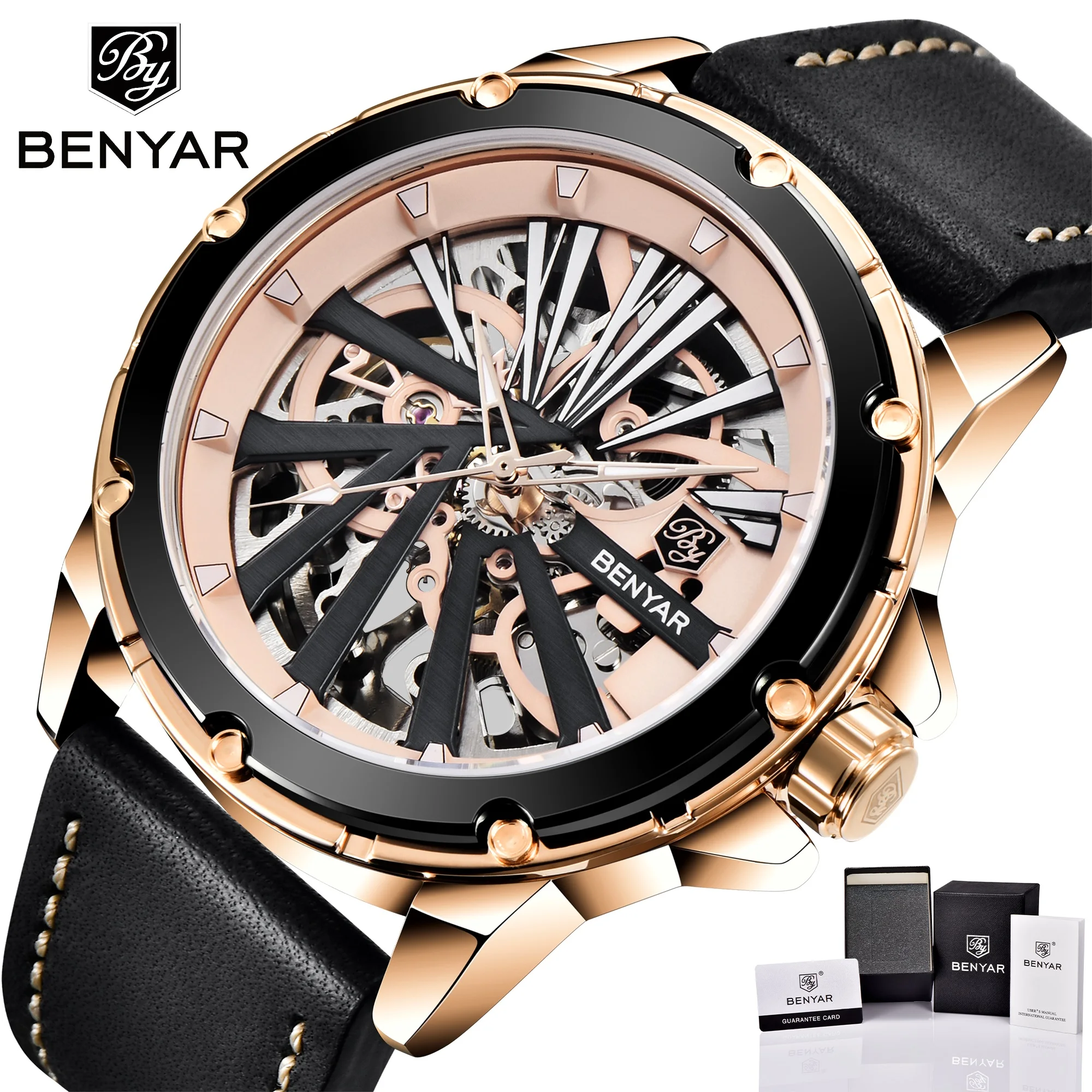 2021 New BENYAR Automatic Mechanical Men's Wristwatch Top Brand Luxury Watch Men's Fashion Leather Waterproof Hollow Wristwatch