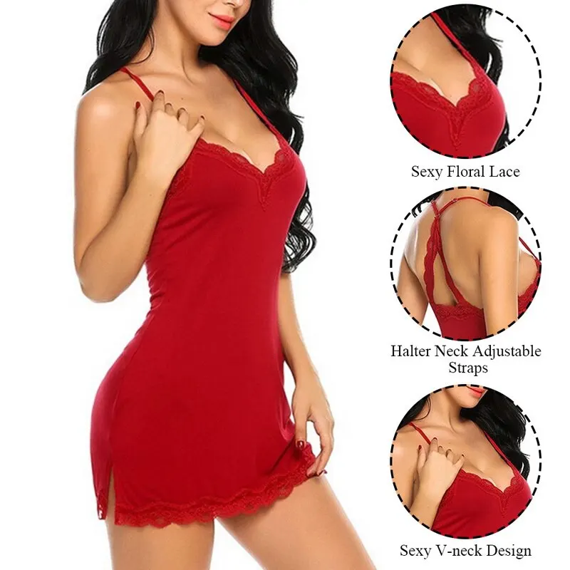

2020 Ladies Lingerie Sleepwear Fashion Women Silk Satin Nightie Gown Babydoll Lace Mesh Nightwear Plus Size S-2XL