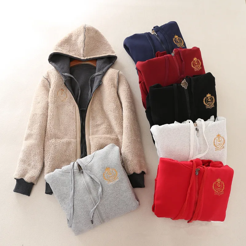 

2020 Winter Lambskin Padded Sweatshirt Hooded Plus Velvet Jacket Quilted Cloth Loose Embroidered Women's Warm Casual Wool Liner
