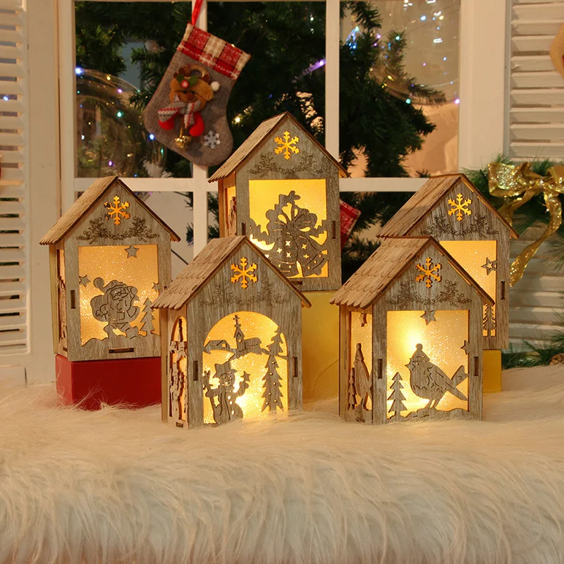 

Christmas Tree Decor Luminous Cabin Wooden Snow House Glittery LED Light 2021 New Year Gift XMAS Window Hanging Ornament