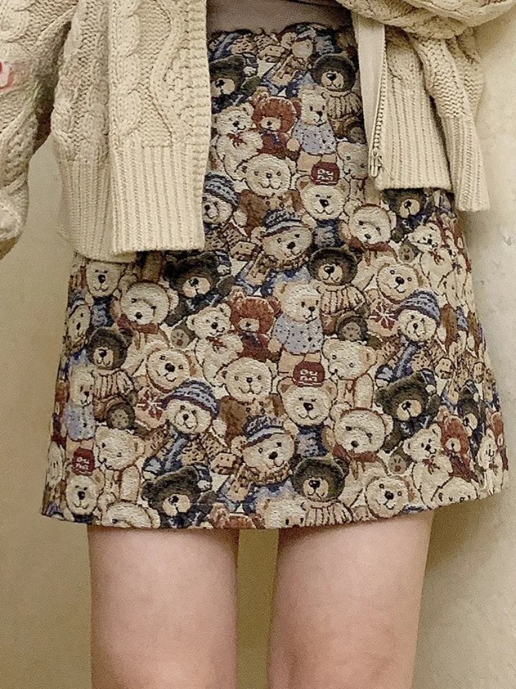 

Retro Japanese cute vintage feeling jacquard bear Teddy bear high waist all-match zipper short skirts womens 2021