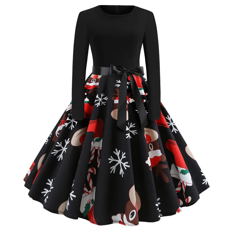 

Women Casual Round Neck Knee Length Dress Long Sleeve Printing Peplum Christmas Retro Crew Neck Print Long Sleeve big dress