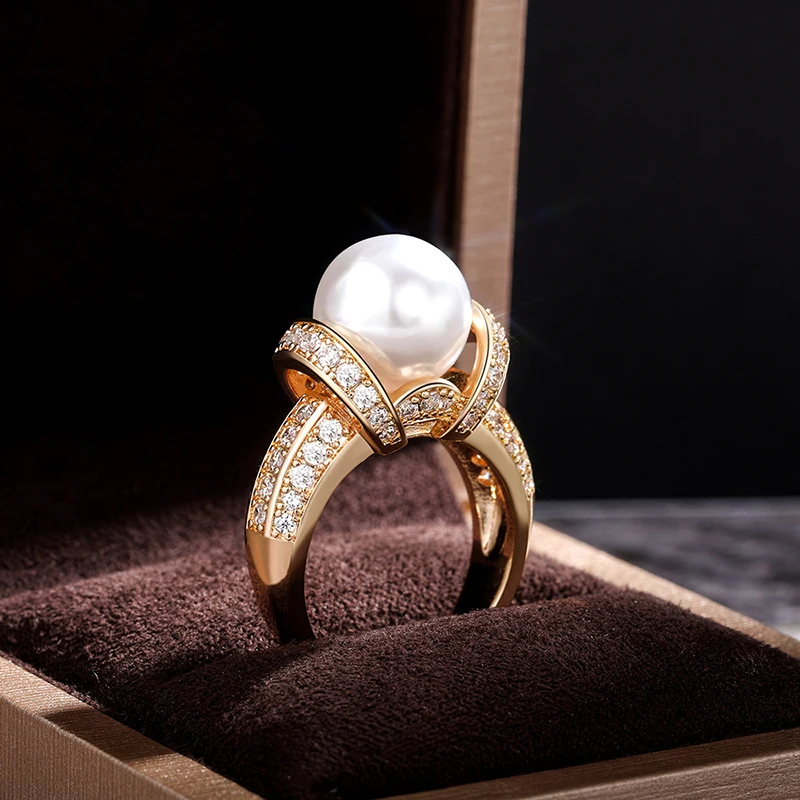 

Exquisite Gold Color Simulated Pearl Rings For Women White Shine CZ Stone Micro Paved Engagement Trendy Jewelry Wedding Band