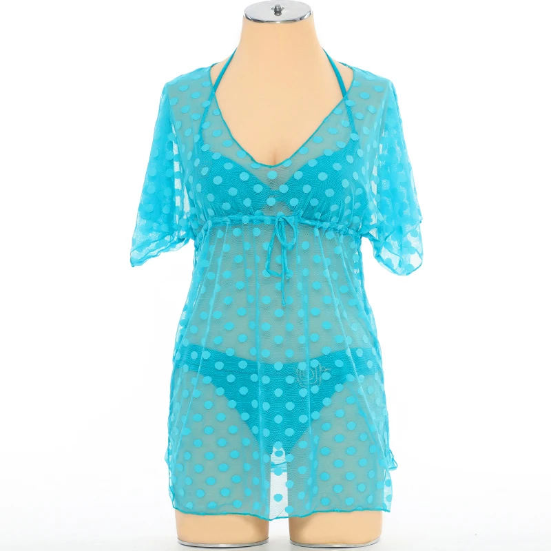 Женское прозрачное пляжное платье в горошек свободное с v образным вырезом и