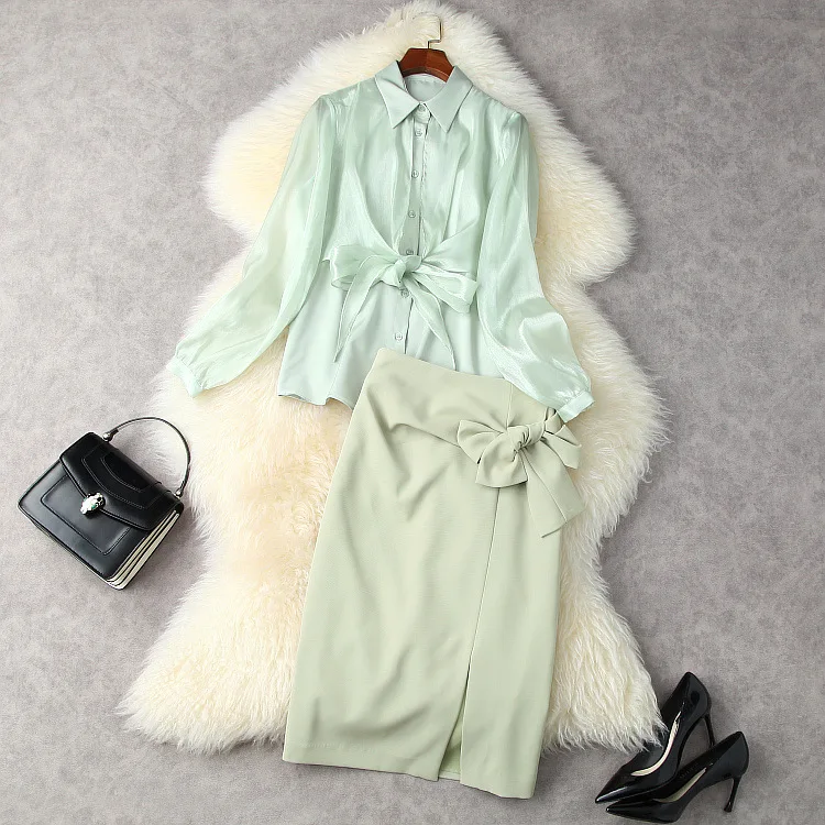 

European and American women's autumn 2021 new Long sleeve bow shirt Split skirt in solid color Fashion suits