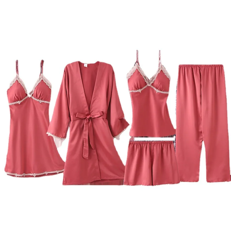 

5PCS Spring Pajamas Sets Womens V-Neck Strap Top&Pants Sleepwear Sleep Suit Lace Sexy Pyjamas Lounge With Chest Pads Nightgown