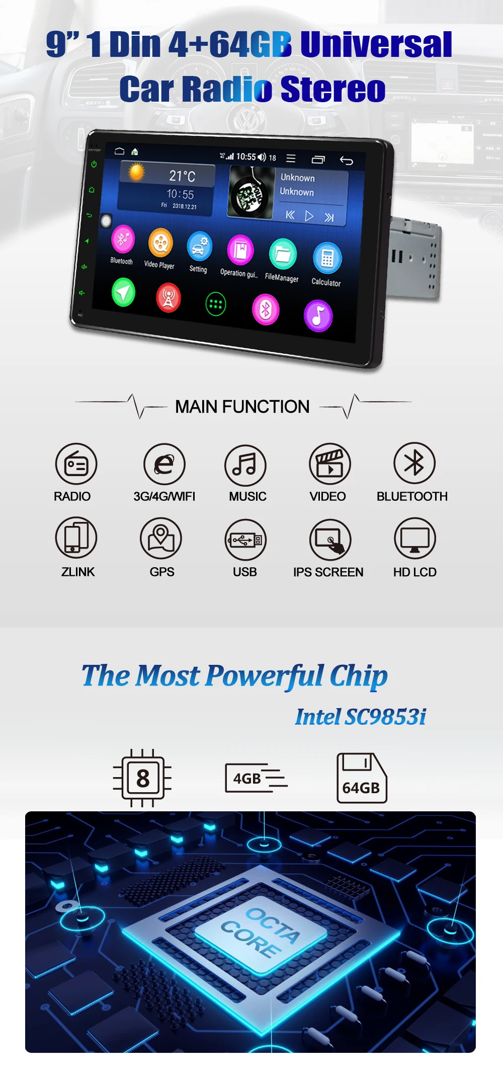 ARKRIGHT " 1din Android Автомагнитола 4+ 64GB Автомобильный мультимедийный плеер gps/Авто Радио/Автомобильный dvd-плеер/4G с DSP