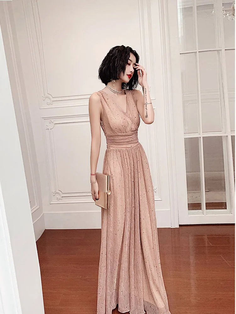 

Champange Evening Dress Sexy Doubble V-neck Party Gown High Waist Big A-line Prom Dress Chiffon Sequin Sleeveless Robe De Soriee
