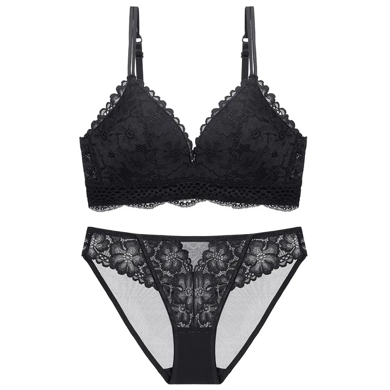 Bra Set Sexy Hot Gathered Lace Push Up Adjustable Thickness Underwear Breathable Comfort Embroidery Ladies Lingerie