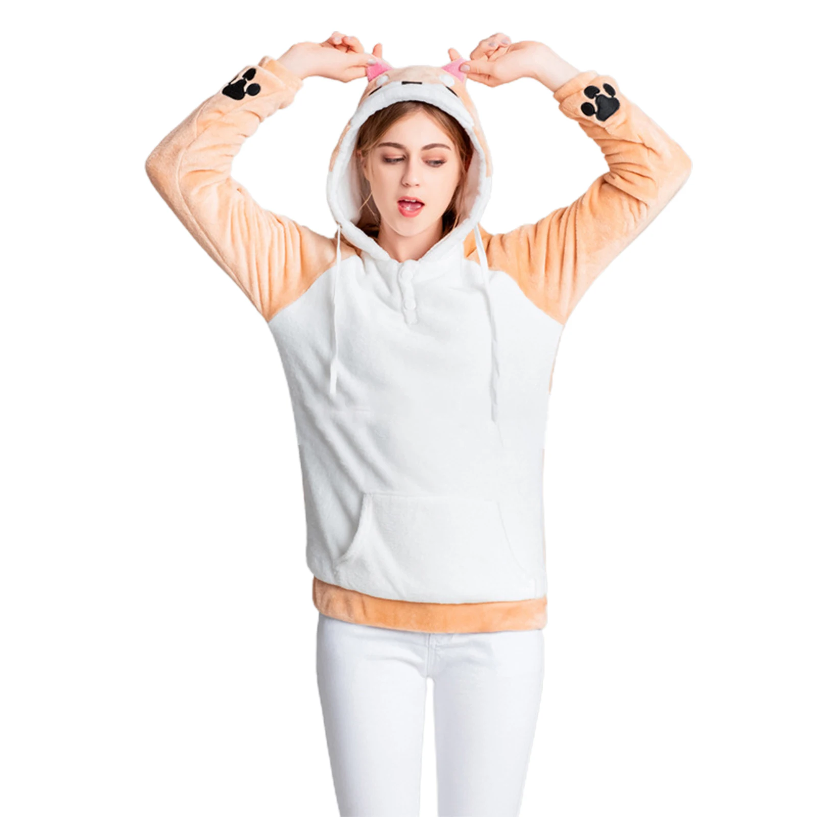 

IMCUTE Cute Rural Dog Ears Fleece Hoodie Cartoon Dog Claw Pattern Girl Breathable Round Neck Long Sleeve Pullover Autumn/Spring