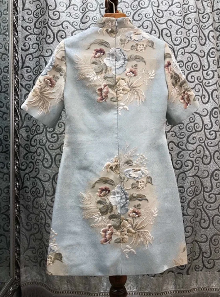 

Quality Brand Top Qipao Dress 2021 Summer Style Women Vintage Jacquard Flower Print Short Sleeve Bodycon Sheath Dress Above