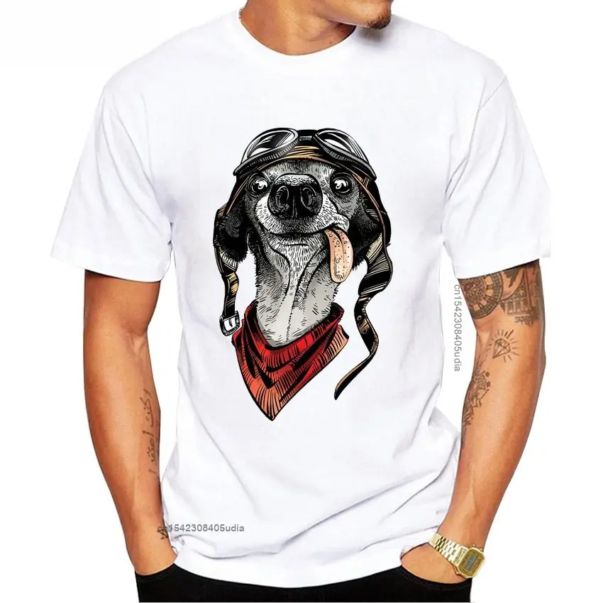Hipster Cool Dog Aviator Print Punk T-Shirt Summer Fashion Men T-Shirt Funny Boy Tops Hip Hop Casual Tees Man White Short Sleeve