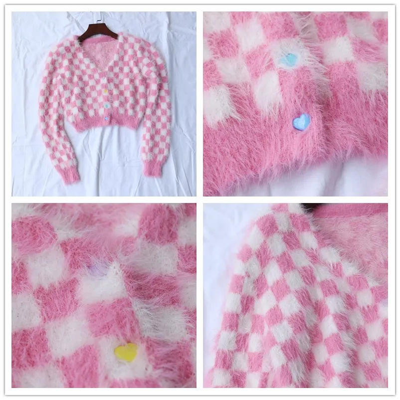Женский укороченный свитер в клетку розовый пушистый джемпер с длинным рукавом и