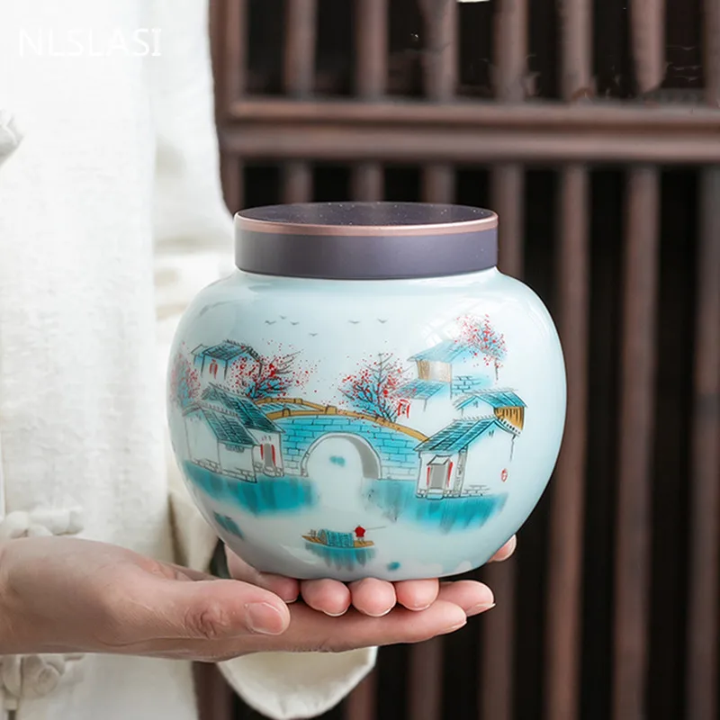 

Chinese Ceramic Tea Caddy Portable Sealed Jar Travel Tea Boxes Kitchen Spice Organizer Candy Coffee Dried Fruit Storage Tank