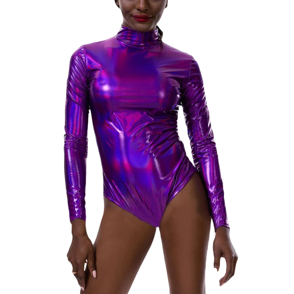 

Women Shiny Holographic Bodysuit With Long Sleeve O Neck Wet Look Back Zipper Skinny Playsuits Summer Party Night Club Jumpsuits