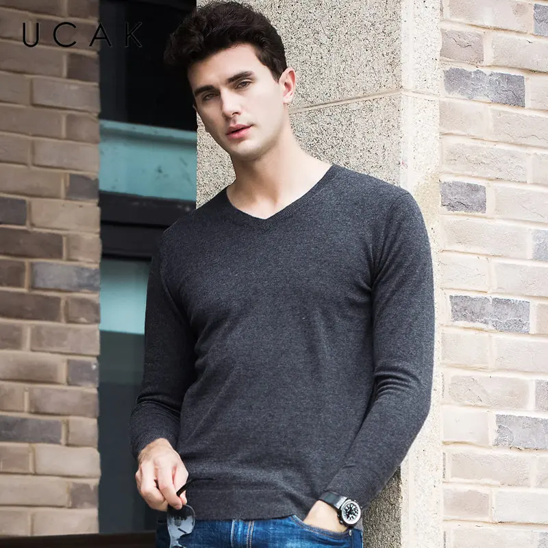 UCAK бренд мериносовой шерстяной мужской свитер осень зима кашемировый пуловер мужские повседневные с v-образным вырезом мужские свитера чистый цвет Pull Homme U3054