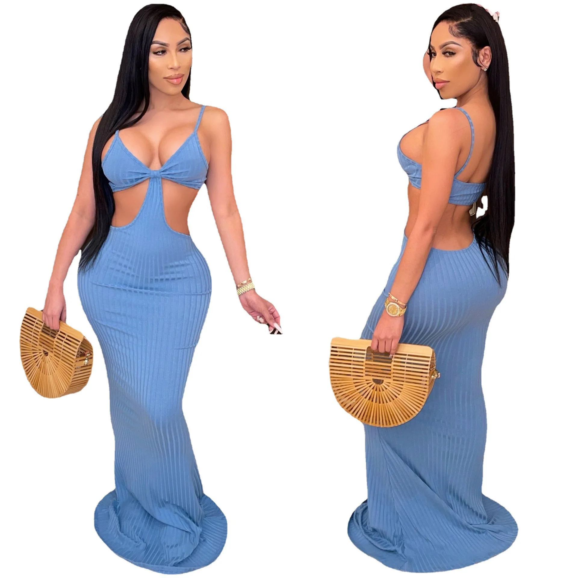 

Spring Summer Women Sexy Hollow Out Spaghetti Sling Strapless Stitching Bodycon Floor-Leng Long Dress Club Party Outfits Dresses