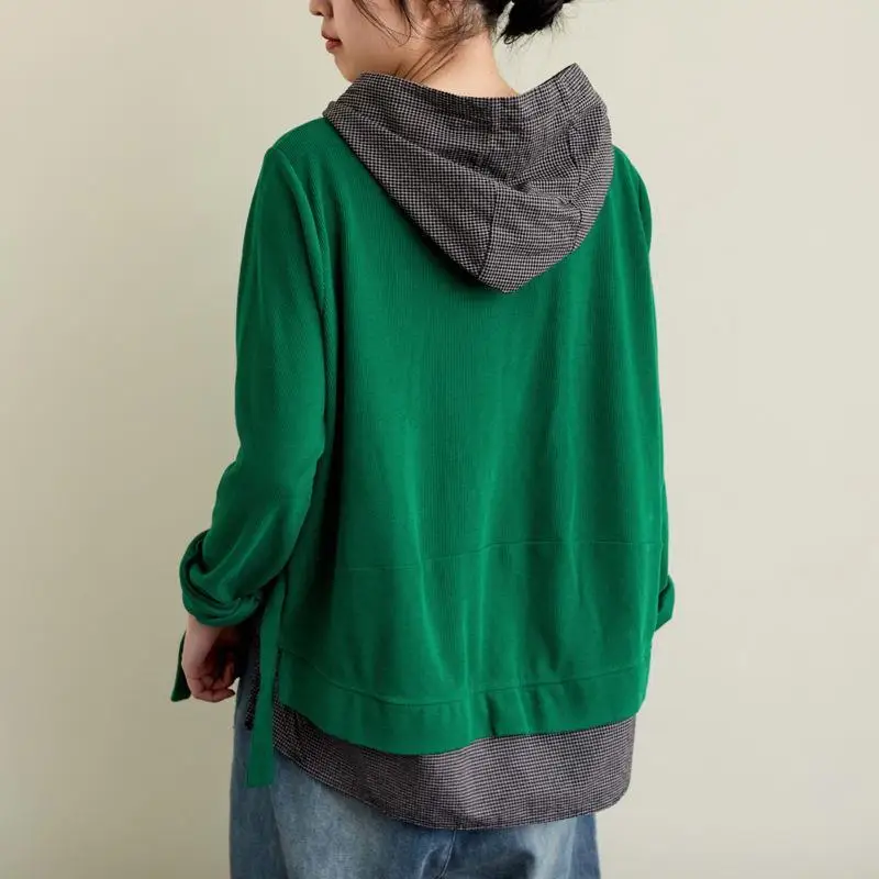 

2021 Spring Autumn Hoodies Loose Art Long Sleeve Vintage Hooded Jacket New Splicing Plaid Fake Two Pieces Casual Women Hoodies