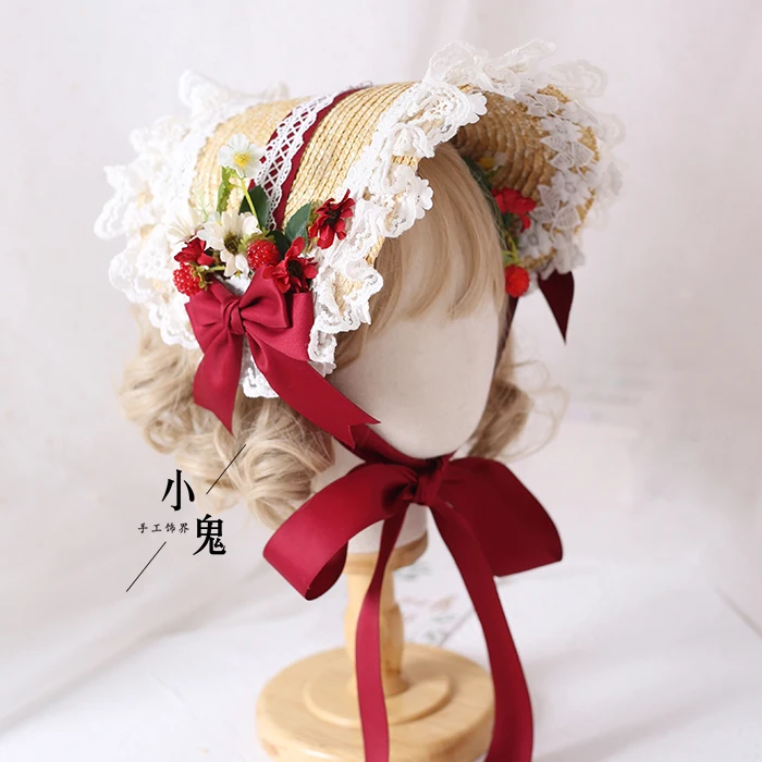 

Tea Party Multi color Lolita Straw Hat Flat hat Bonnet Handmade Mori Girl Gorgeous Elegant Princess Multi Layer Lace Flower Bnt