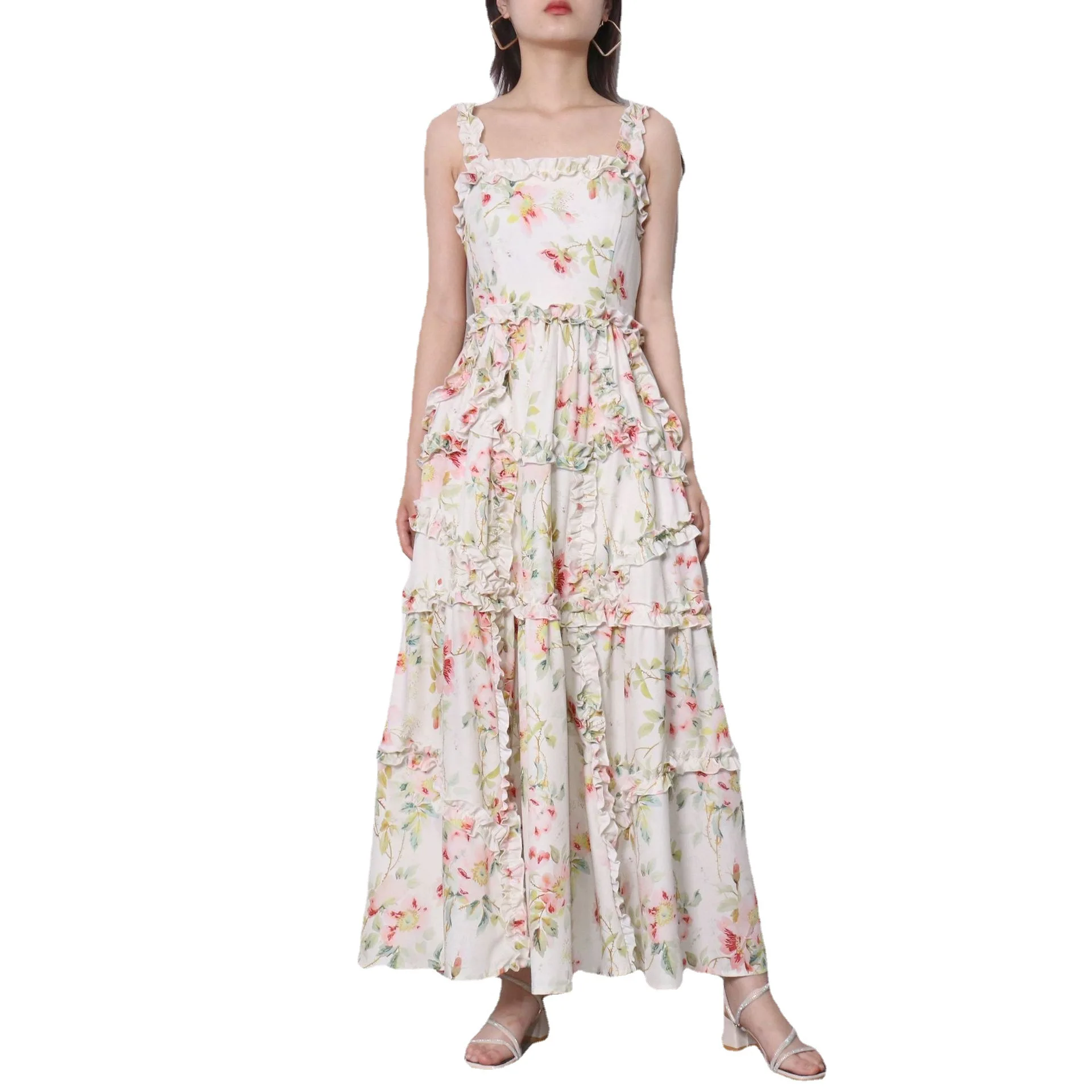 

Chiffon Retro Patchwork Maxi Dress Women Fashion Square Collar Princess Dress 2021 Sleeveless High Waist Printed Strap Dresses