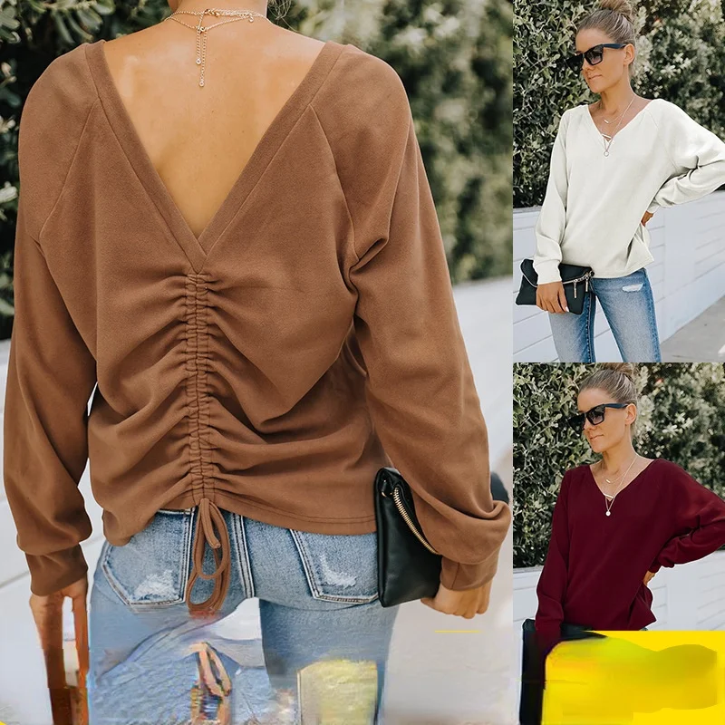 

New Women's T-shirt Hot Sell Autumn/winter Solid Color V-neck Top Sexy Backless Jumper