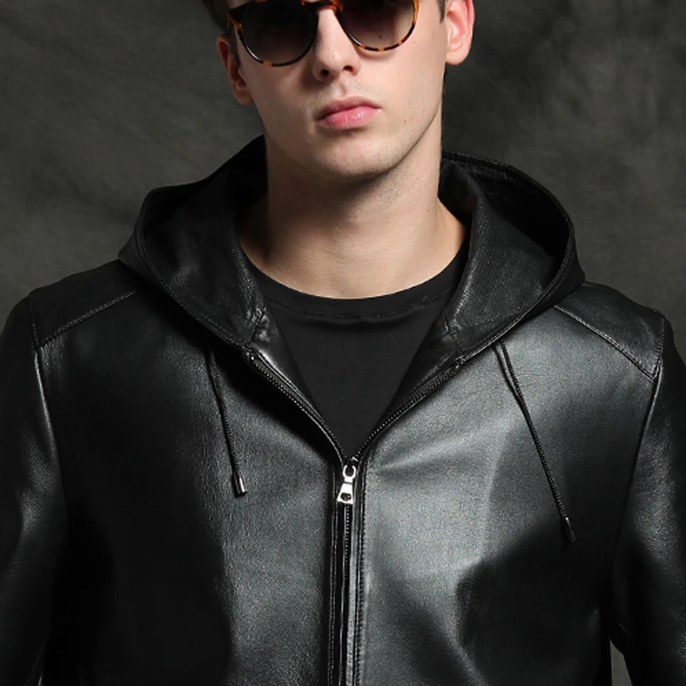 Новая кожаная куртка с капюшоном Мужская короткая верхняя одежда из овечьей кожи