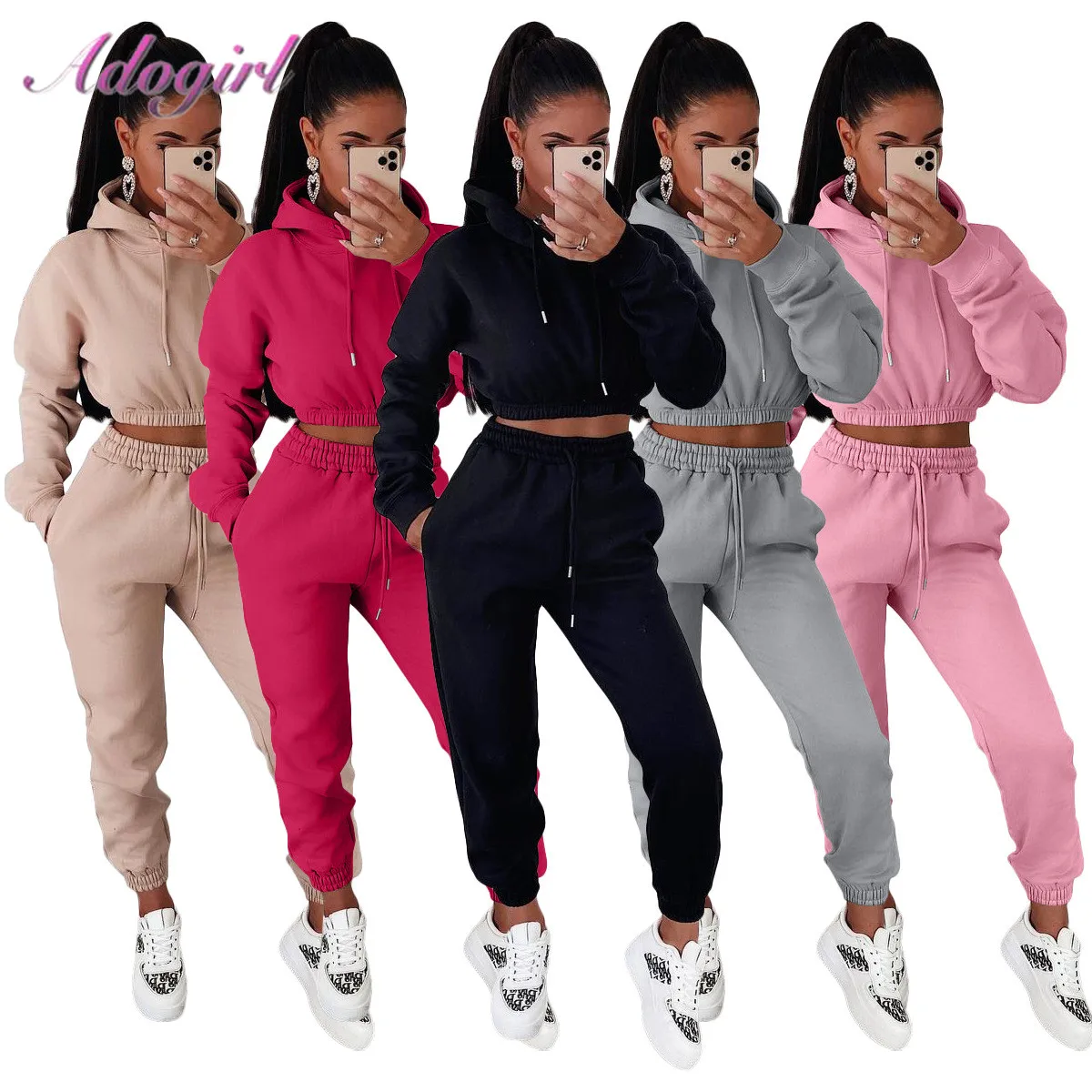

Women Workout Autumn Sportsuit Two Piece Sets Casual Long Sleeve Crop Tops Hoodies Joggers Sweatpants Outfit Active Tracksuit
