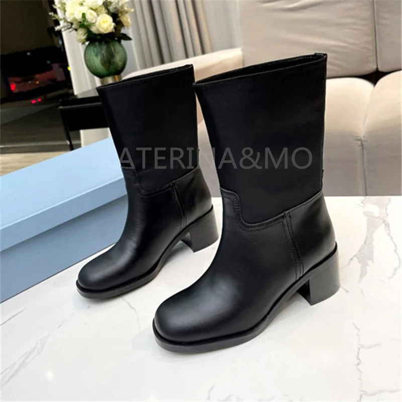 

2021 New Square Toe Ankle Boots For Women Fashion Genuine Leather Stretch Cloth Design Long Boots For Woman Black Short Boots