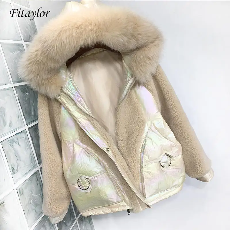 Fitaylor новая куртка из натурального Лисьего меха на утином пуху Женское пальто с капюшоном парки женские из овечьей шерсти Лоскутная Глянцевая пуховая верхняя одежда - Цвет: Хаки