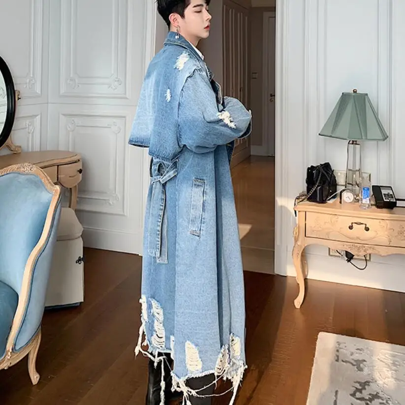 Мужской джинсовый Тренч в стиле панк рок синий черный рваный длинный винтажный