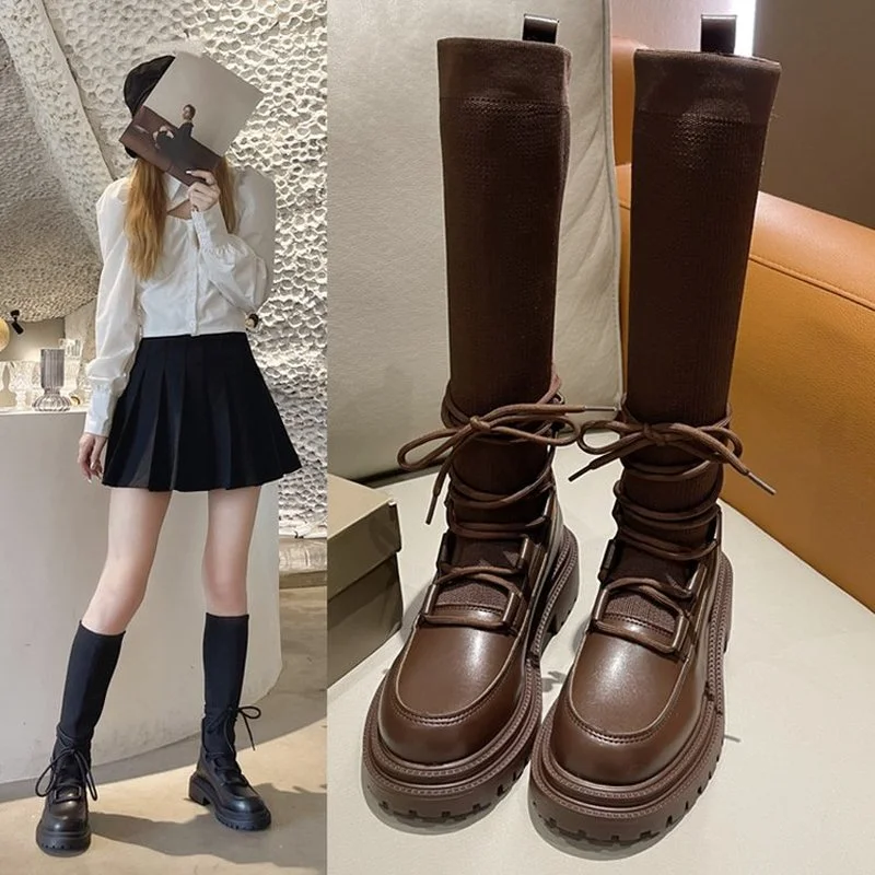 

Autumn Winter Black Short Boots New Women's Shoes 2021 INS Platform Boots for Women Chunky Heels Stretch Fabric