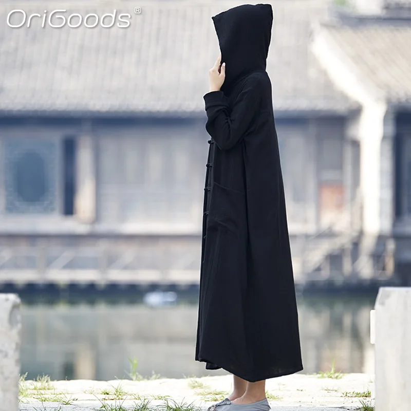 OriGoods Women Hooded Long Coats Cotton Loose Spring Autumn Long Coat Witch Wizard Robe Women Red Black Novelty Outwear B137
