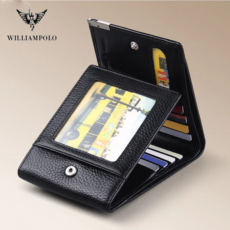 

WILLIAMPOLO Trifold Wallet Foldable Short Men's Wallet Genuine Leather Purse Black Brown Coin Pocket Card Holder Fashion 3 Folds