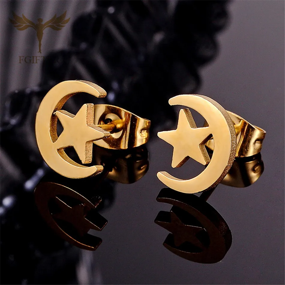 Серьги с Луной и звездой, набор для мужчин, женщин, девушек, золотые серьги-гвоздики из нержавеющей стали