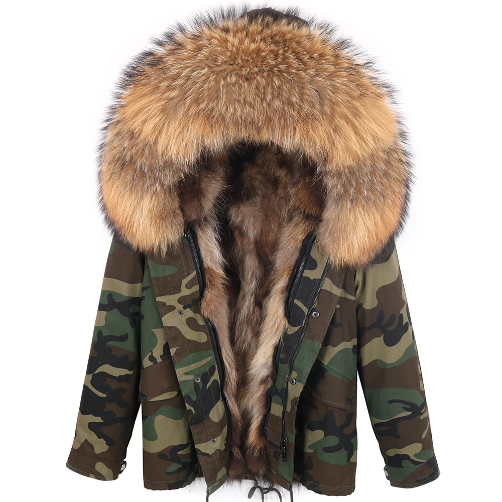Women Winter Real Fox Fur Coat Big Natural Raccoon Fur Hood Thick Warm Streetwear Parkas Camouflage Real Fur Jacket Detachable