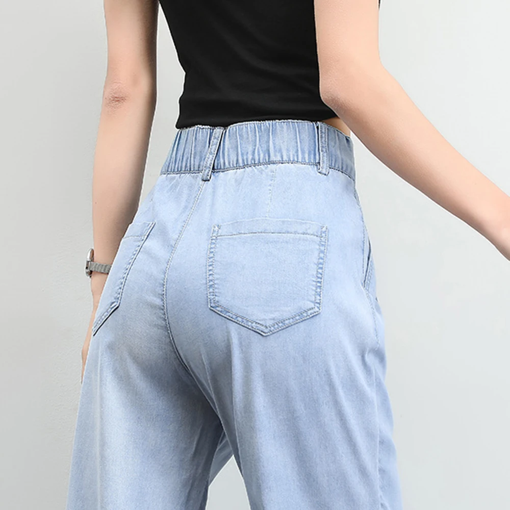 

S TO 3XL 2021 Summer New Women's Wide Leg Jeans Double-breasted Elastic Waist Tencel High Waist Trousers Blue 1676