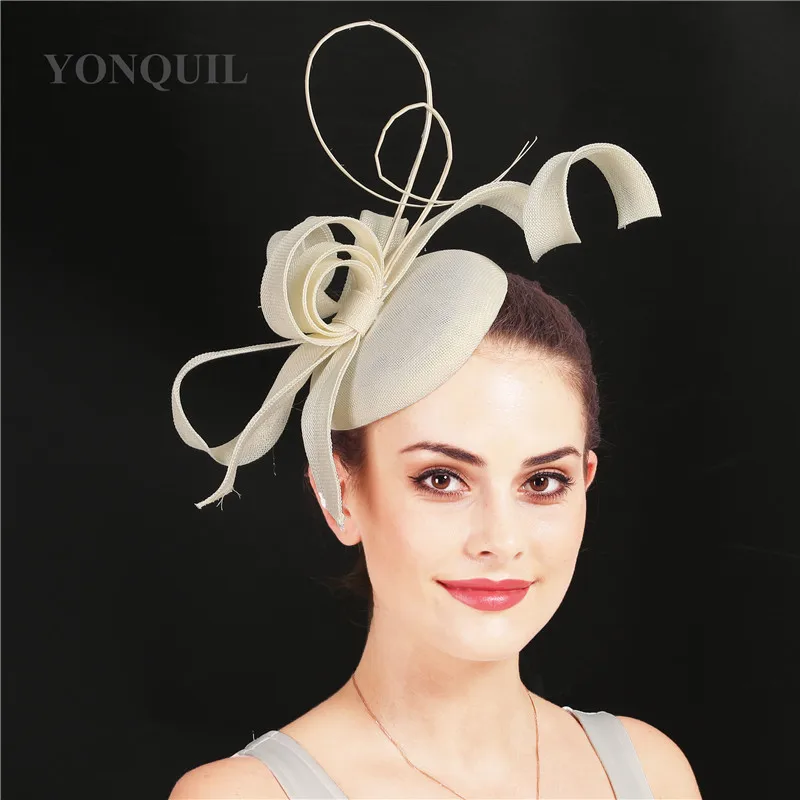 Champagne imitation sinamay fascinator ladies wedding hats royal floral with feathers headwear hair clips occasion church event