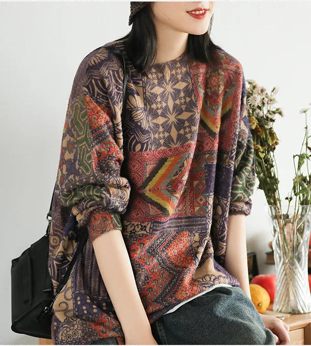 Женский трикотажный свитер в стиле ретро свободные пуловеры с геометрическим